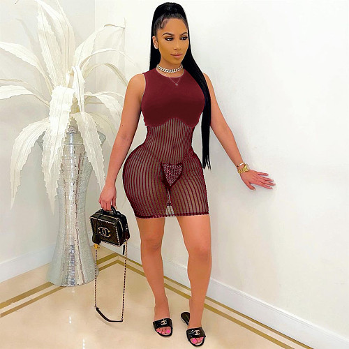 Summer Mesh See-through Spliced Sleeveless Skinny Club Dress OY-6276