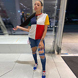 Fashion Color Block Stitching Round Neck Short Sleeve T-shirt GLS-8099