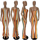 Hot Style Elastic Striped Sleeveless Strapless V-neck Jumpsuit XY-9086