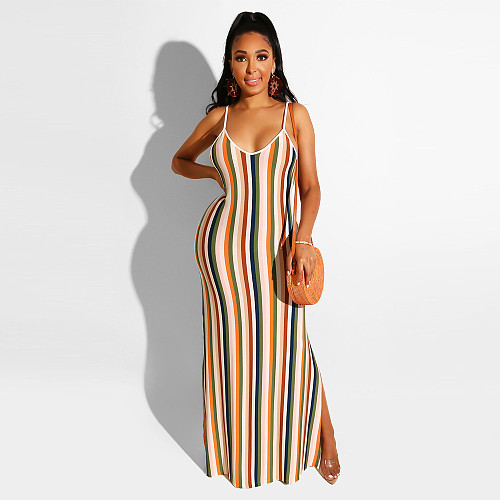 Colored Stripe Sleeveless High Waist Lace-up Halter Maxi Dress FSX-95