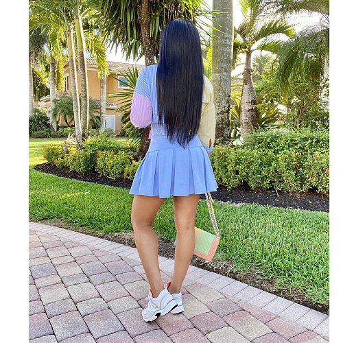 Women Patchwork Long Sleeve Shirt Pleated Skirt 2 Piece Set HMS-5438