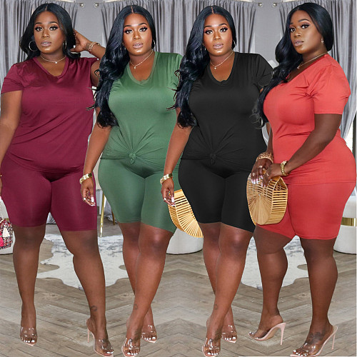 Plus Size Short Sleeve T-shirt Biker Shorts 2 Piece Matching Set WA-7161