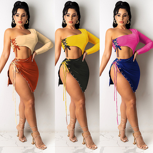 Sexy One Shoulder Long Sleeve Hollow Out Bandage Dress FSX-266