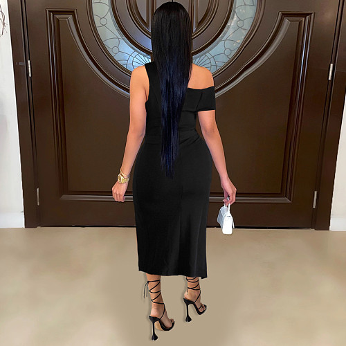 Sexy Solid Color Irregular Off Shoulder Slit Lace-up Club Dress FSX-118