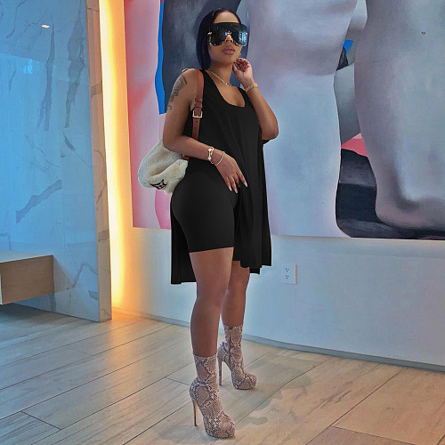 Women Solid Color Sleeveless Long Top Shorts Two Piece Set TE-4263