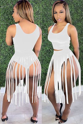 Sexy Solid Color Crop Top Vest+Tassel Skirts Club Two Piece Outfit JH-236