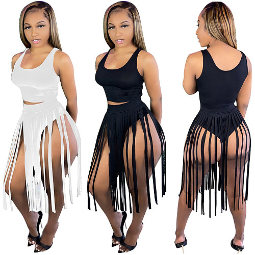 Sexy Solid Color Crop Top Vest+Tassel Skirts Club Two Piece Outfit JH-236