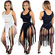 Sexy Solid Color Crop Top Vest+Tassel Skirts Club Two Piece Outfit JH-236