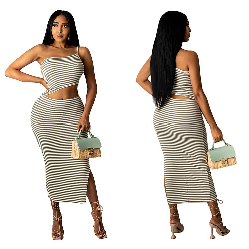 Women Stripe Printed Sleeveless Cut-out Slit Skinny Dress YUM-9065