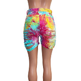 Hot Style Cut Hollowed-out Tie-dye Printed Denim Shorts SH-3846