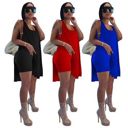 Women Solid Color Sleeveless Long Top Shorts Two Piece Set TE-4263