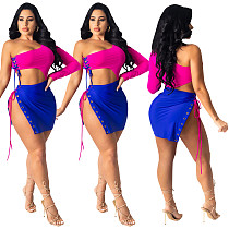 Solid One Shoulder Long Sleeve Crop Top Lace-up Skirt 2 Pieces SHD-9508