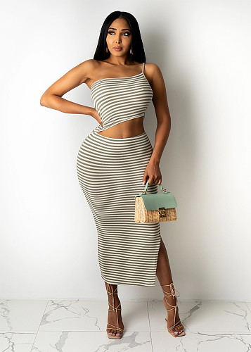 Women Stripe Printed Sleeveless Cut-out Slit Skinny Dress YUM-9065