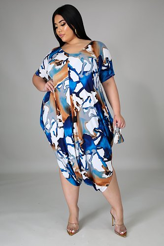 Plus Size Tie-dye Print V Neck Loose-fitting Short Sleeve Romper DY-6996