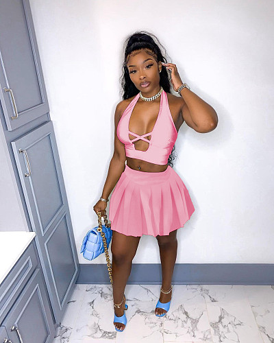 Hot Sales Hollow Out Crop Top Pleated Mini Skirt 2 Piece Set XY-9096