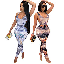 Money Dollar Print Bodysuits Pencil Pants 2 Piece Club Outfits DY-6650