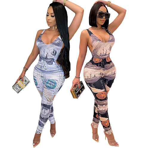 Money Dollar Print Bodysuits Pencil Pants 2 Piece Club Outfits DY-6650