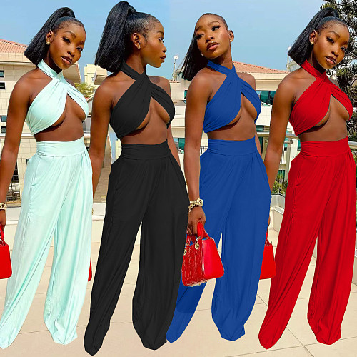 Sleeveless Crop Tops Loose Long Pants 2 Pieces Tracksuits WA-7177