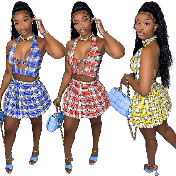 Elegant Plaid Print Crop Top Pleated Skirt Club Wear Two-Piece Set NIYA-8053