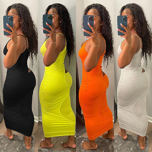 Sexy Women Solid Color Sleeveless Hollow Out Long Dresses GLS-8148