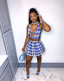 Elegant Plaid Print Crop Top Pleated Skirt Club Wear Two-Piece Set NIYA-8053