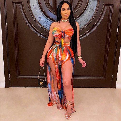 Sexy Print Strapless Crop Top High Slit Pants Two Piece Outfits DY-6649