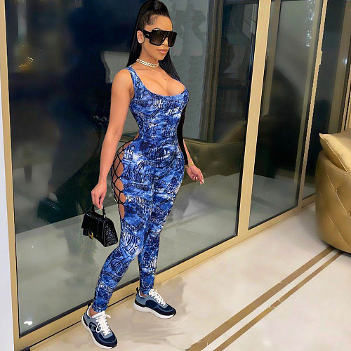 Trend Print Sleeveless Hollow Out Bandage Bodycon Jumpsuit MDF-5230