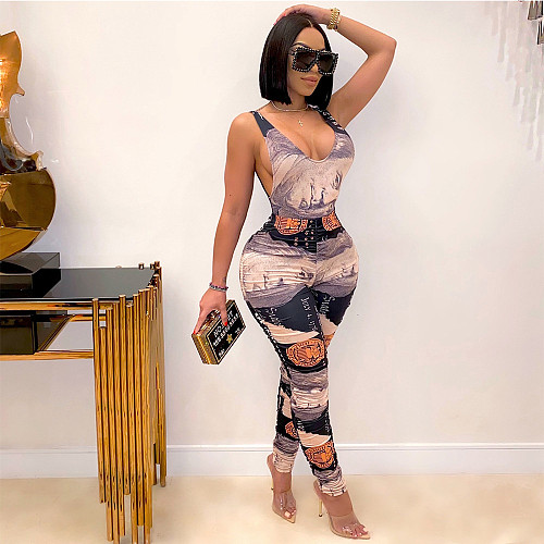 Money Dollar Print Bodysuits Pencil Pants 2 Piece Club Outfits DY-6650