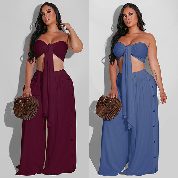 Solid Color Wrapped Chest Top Wide-leg Pants Two Piece Outfits FSX-96