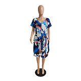 Plus Size Tie-dye Print V Neck Loose-fitting Short Sleeve Romper DY-6996