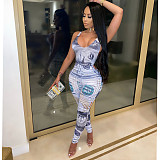 Money Dollar Print Bodysuits Pencil Pants 2 Piece Club Outfits DY-6650