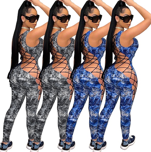 Trend Print Sleeveless Hollow Out Bandage Bodycon Jumpsuit MDF-5230
