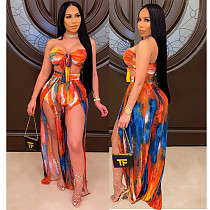Sexy Print Strapless Crop Top High Slit Pants Two Piece Outfits DY-6649