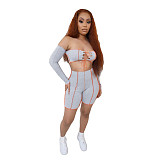 Hot Sales Off Shoulder Long Sleeve Crop Top Biker Shorts 2 Pieces LX-6891