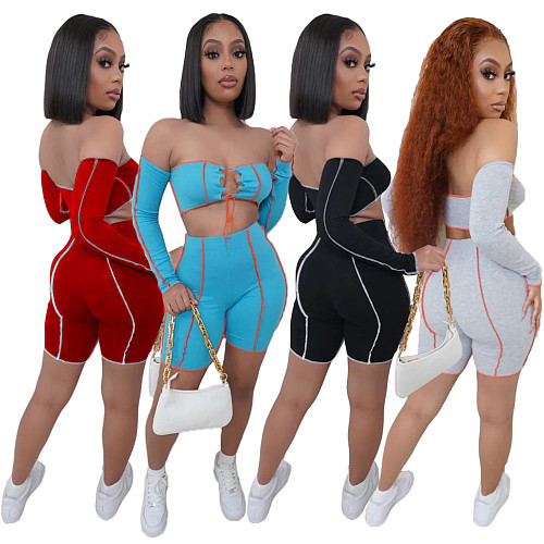Hot Sales Off Shoulder Long Sleeve Crop Top Biker Shorts 2 Pieces LX-6891