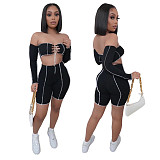 Hot Sales Off Shoulder Long Sleeve Crop Top Biker Shorts 2 Pieces LX-6891