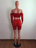 Hot Sales Off Shoulder Long Sleeve Crop Top Biker Shorts 2 Pieces LX-6891