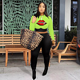 Lips Print Long Sleeve O Neck Top Leggings Pants 2 Piece Suits DM-8145
