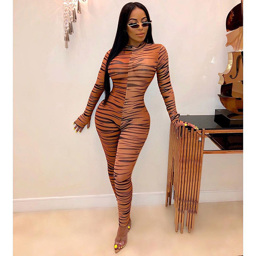 Sexy See-through Mesh Zebra Striped Long Sleeve Jumpsuit DM-8094