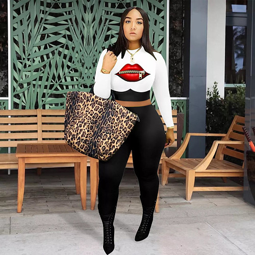 Lips Print Long Sleeve O Neck Top Leggings Pants 2 Piece Suits DM-8145