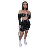 Hot Sales Off Shoulder Long Sleeve Crop Top Biker Shorts 2 Pieces LX-6891