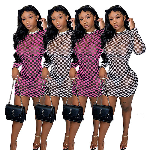 Sexy Mesh See-through Long-sleeved O-neck Skinny Club Dress BNY-7161