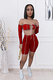 Hot Sales Off Shoulder Long Sleeve Crop Top Biker Shorts 2 Pieces LX-6891