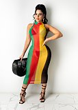 Sexy Mesh Print Color Striped Sleeveless Bodycon Midi Dress DY-6994