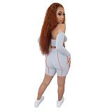 Hot Sales Off Shoulder Long Sleeve Crop Top Biker Shorts 2 Pieces LX-6891