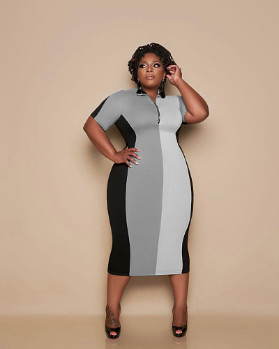 Fashion Spliced Color Short-sleeved Turn-down Collar Midi Dress LP-6287