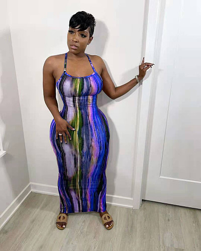 Tie Dye Print Women Strap Sleeveless Bodycon Long Dress NIYA-8056