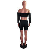 Hot Sales Off Shoulder Long Sleeve Crop Top Biker Shorts 2 Pieces LX-6891