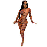 Sexy See-through Mesh Zebra Striped Long Sleeve Jumpsuit DM-8094