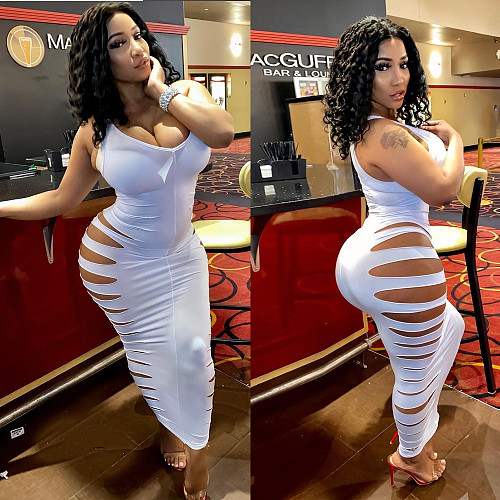 Women's Casual Ripped Hole Solid Color Bodycon Sleeveless Dress BN-9271